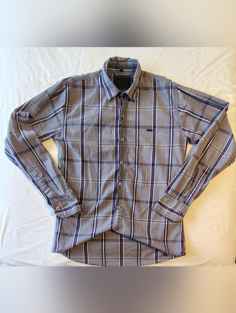 Zara Basics Men's Purple & White Plaid Tan Sleeve Button Down Shirt Size Medium
